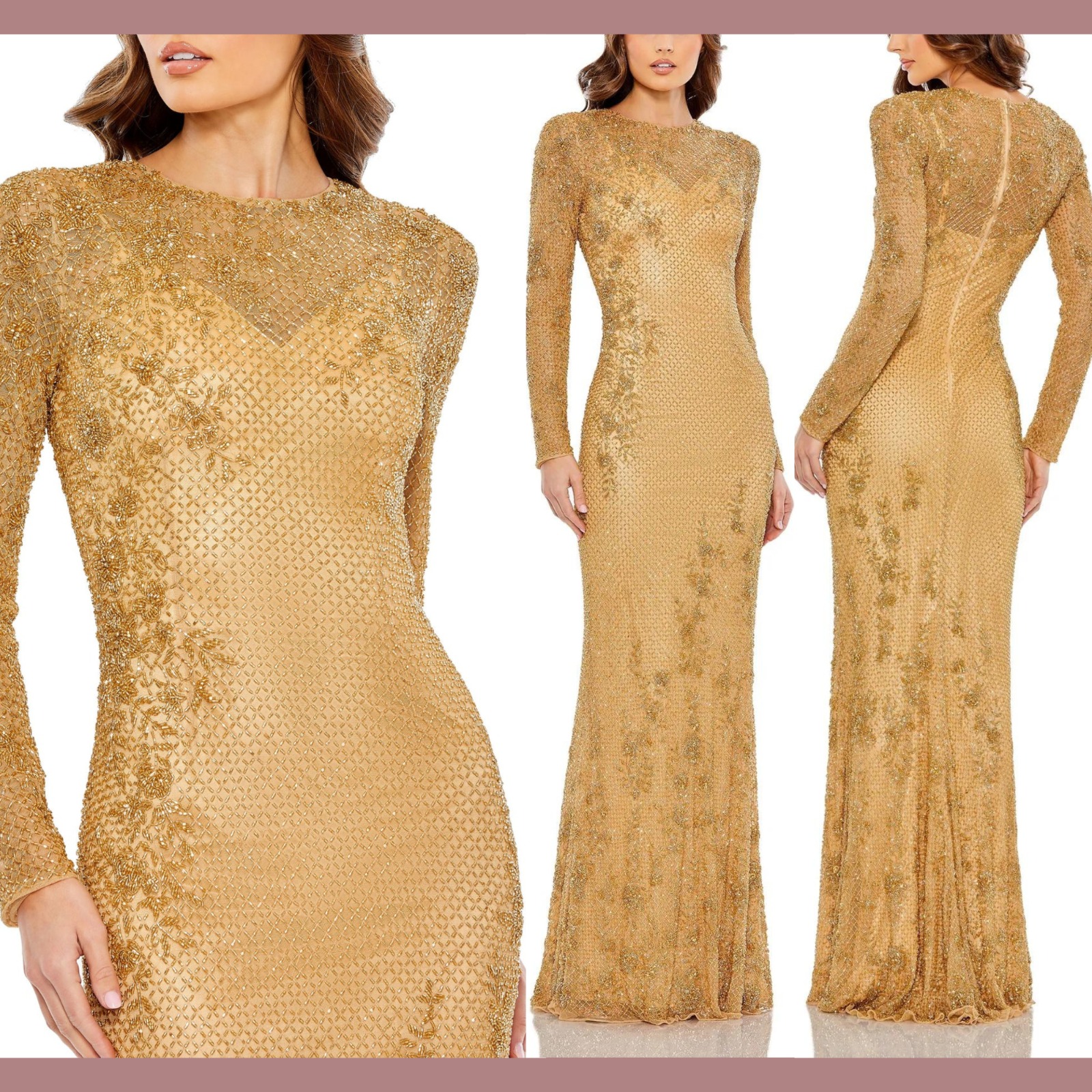 Nwt $698 Mac Duggal [ 14 ] 5504 Floral Long Sleeve Embellished Gown Gold #J1972